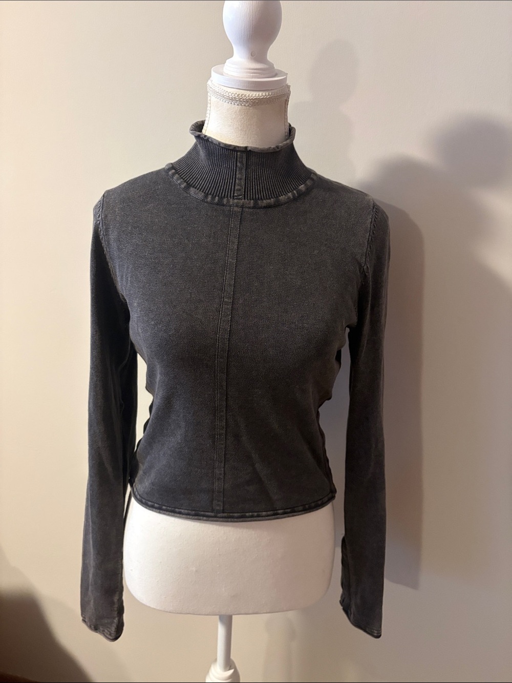 Zara Acid Washed Charcoal Mock Neck Long Sleeve Crop Top. Size Small